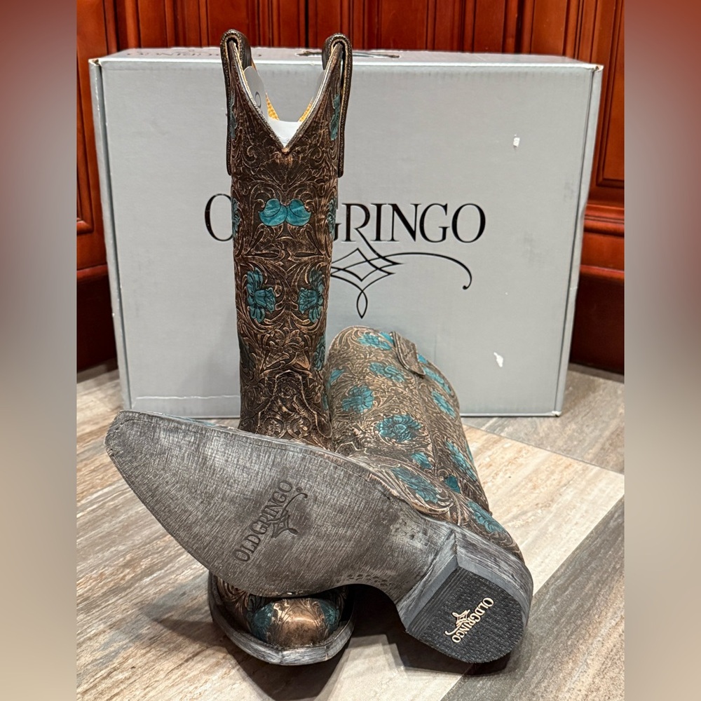Old Gringo Cowboy Boots Edwine Turquoise Brown Floral Flower Wedding Tooled 7.5 - Picture 9 of 10